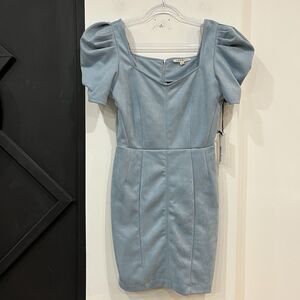 NWT Haute Monde Light Blue Suede Puff Sleeve Pleated Sheath Dress Size Large